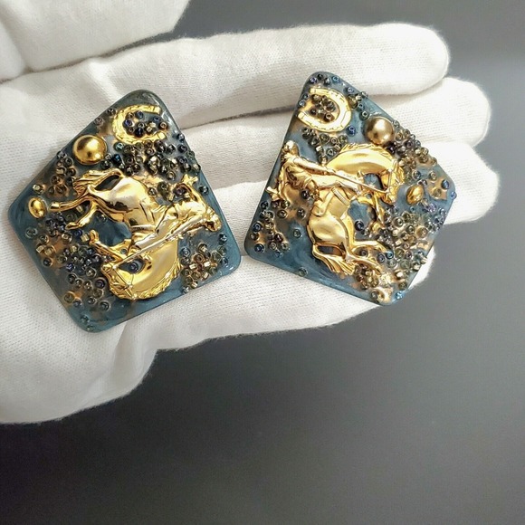 Jewelry - Rodeo Horse Cowboy Earrings OOAK One-of-a-Kind‎ Vintage Enamel Art Earrings